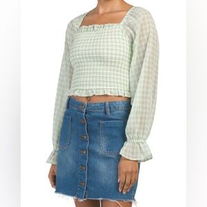 JAPNA Square Neck Gingham Cropped Ruched Top